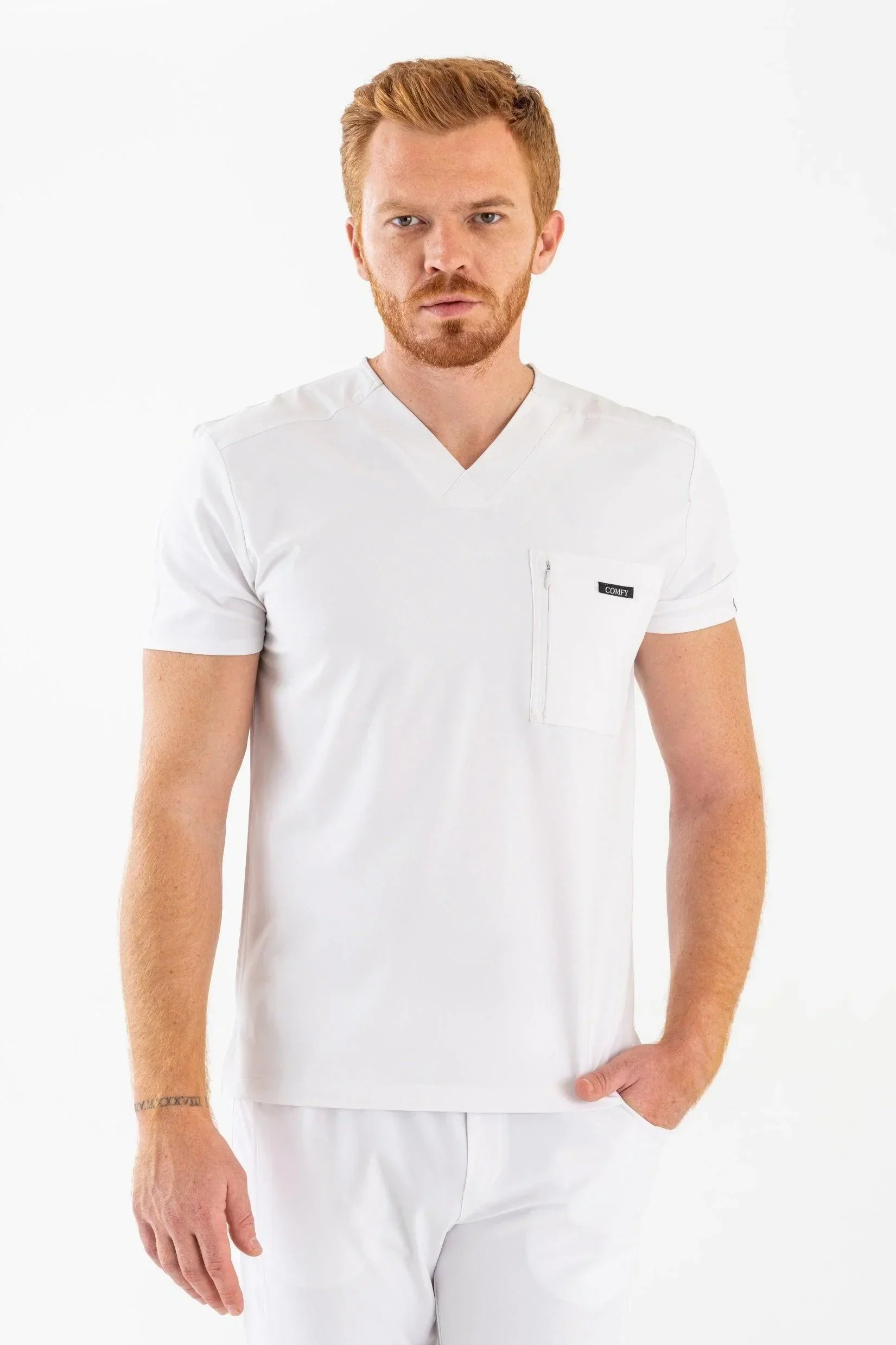 Comfy Master – Rebel Beyaz Erkek V-Yaka Medikal Üniforma Tek Üst - Comfy Master 2025